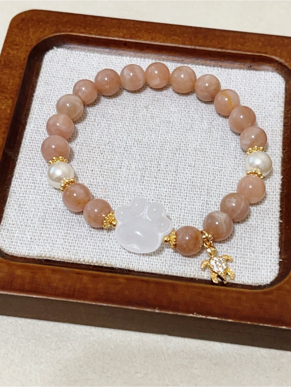 Cute Paw Charm Handmade Natural Orange Moonstone Turtle Dangle Bracelet 8.5mm